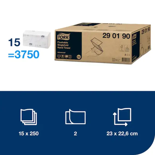 Tork Flushable Singlefold Hand Towel H3 P/15 - 290190 - Image 2